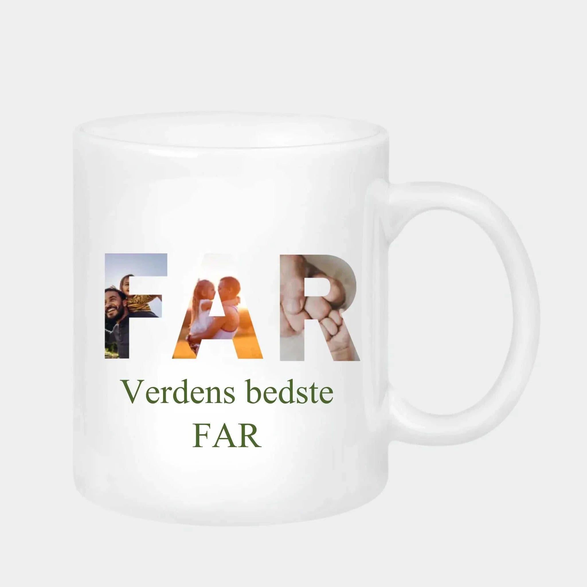 Personligt FAR-krus med egne billeder fra Minegenverden.dk — barselsgave til far