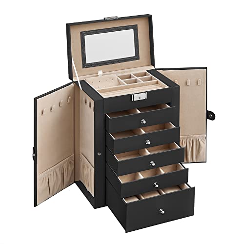 Smykkeskrin - stort smykkeskrin med 5 skuffer og spejl - sort — julegave til svigerforældre