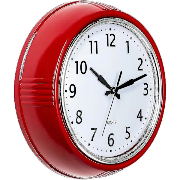 Retro Vægur 25 cm Rødt Køkken 50'er Vintage Design Rundt Lydløst Ikke-Tikkende Batteridrevet Kvalitets Quartz Ur — studentergave fra Fyndiq