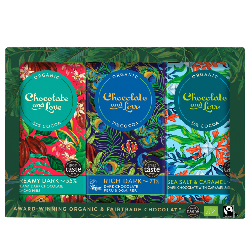 Chocolate and Love Gaveæske med Fairtrade plader chokolade Ø (3x80 g) — Helsebixen.dk